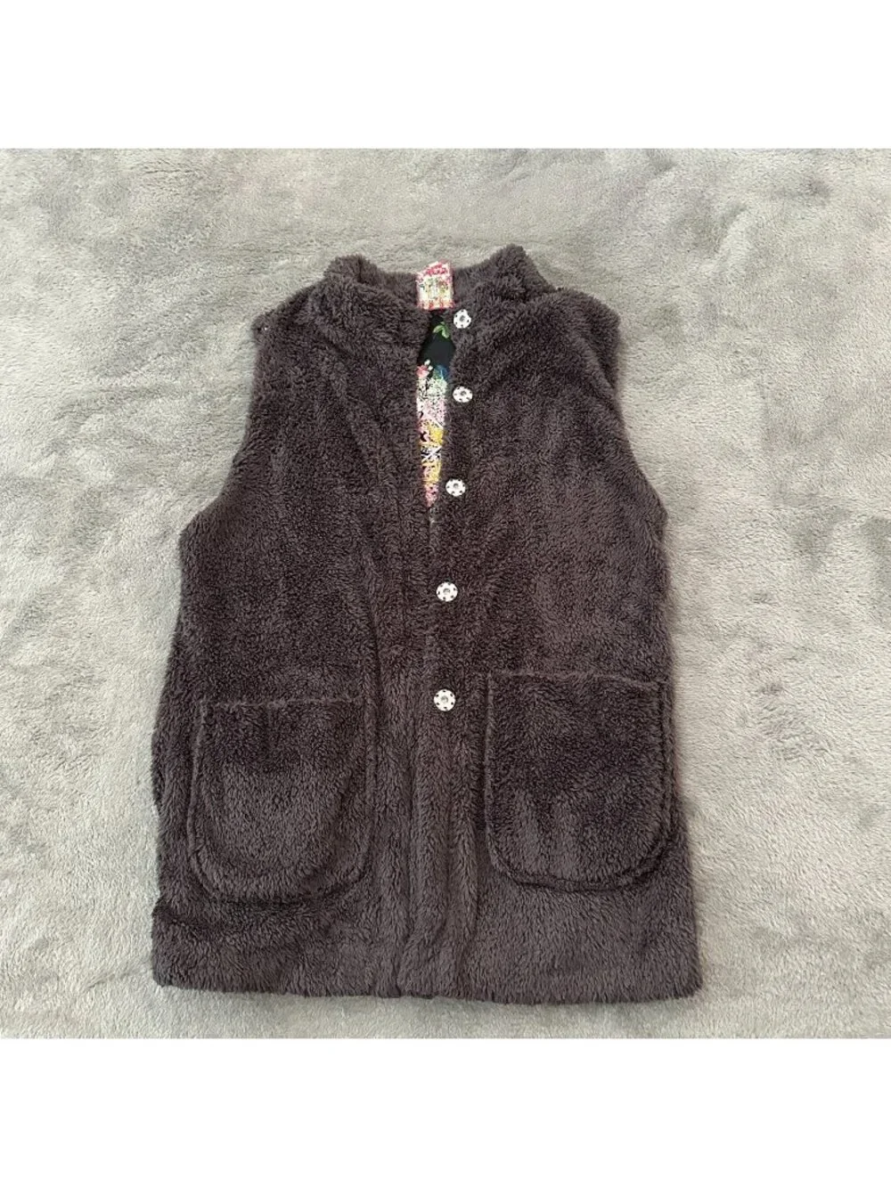 Johnny Was Gray Fuzzy Vest Snap Buttons Womens XS Reversible Floral